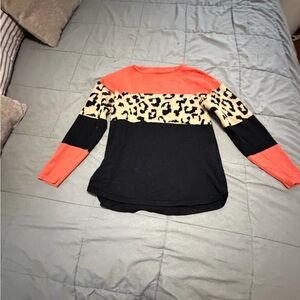 Coral, Black & Leopard Colorblock Long Sleeve Top